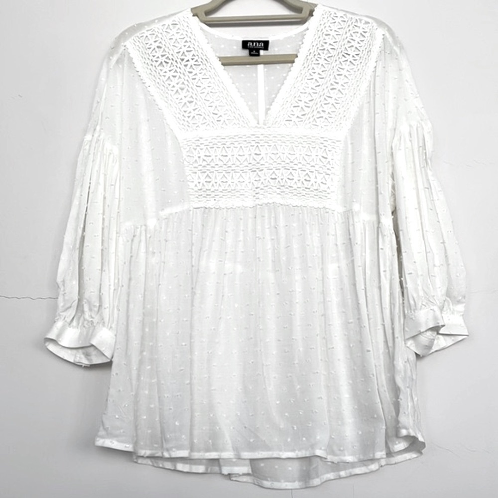 NWOT a.n.a Lace Front Peasant Blouse in White, Size Small